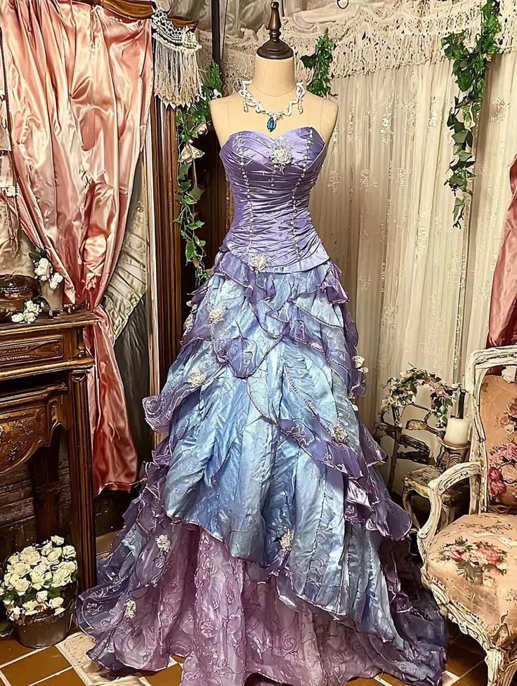 Purple Pink Blue Gradient Fashion Retro Elegant Delicate Floral Beads Sweet Elegant Long Tulle Floor Length Ball Gown Evening Gown N782