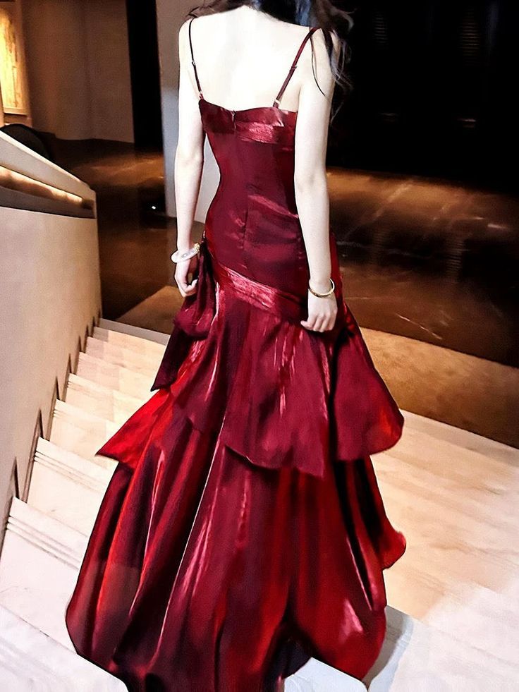 Elegant Mermaid Spaghetti Straps Burgundy Chiffon Long Prom Dress Formal Evening Dresses AB542