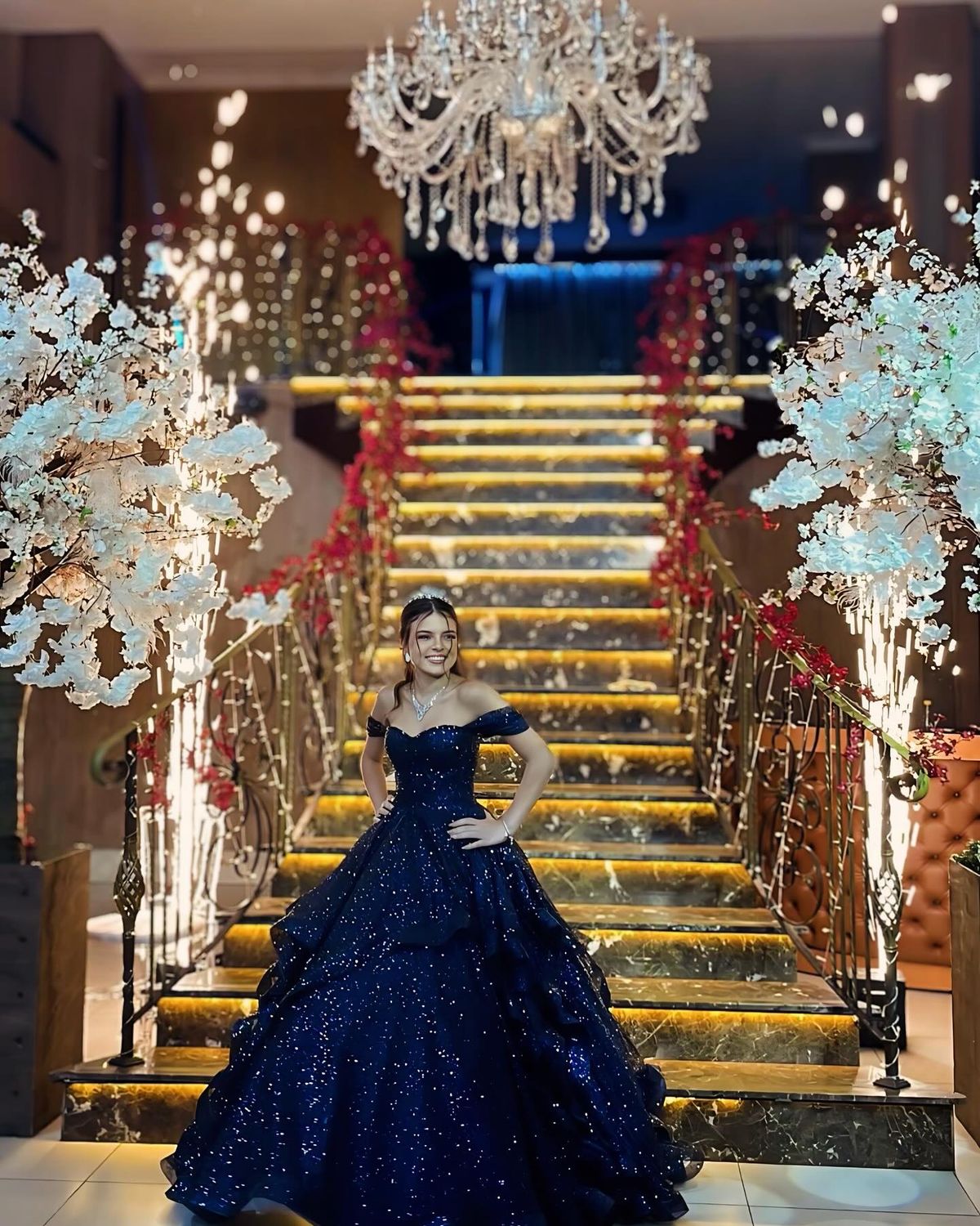 Navy Blue Ball Gown Off The Shoulder Quinceanera Dress Sequin Birthday Luxury Dress Sweet 15 16 Birthday Gown AB1811