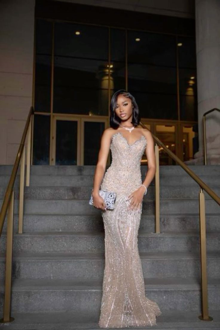 Sparkly Mermaid Sweetheart Sequined Champagne For Black Girls People Prom Dresses Long Evening Formal Gown BirthdayParty Gowns N373