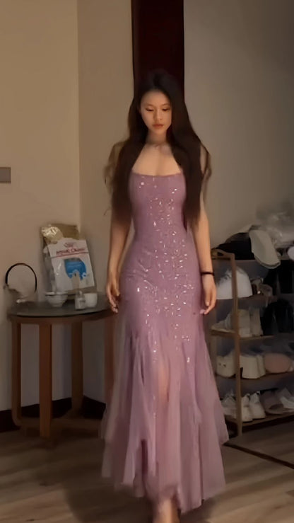Dusty Rose Sequin Long Prom Dresses Sheath Party Dress AB547