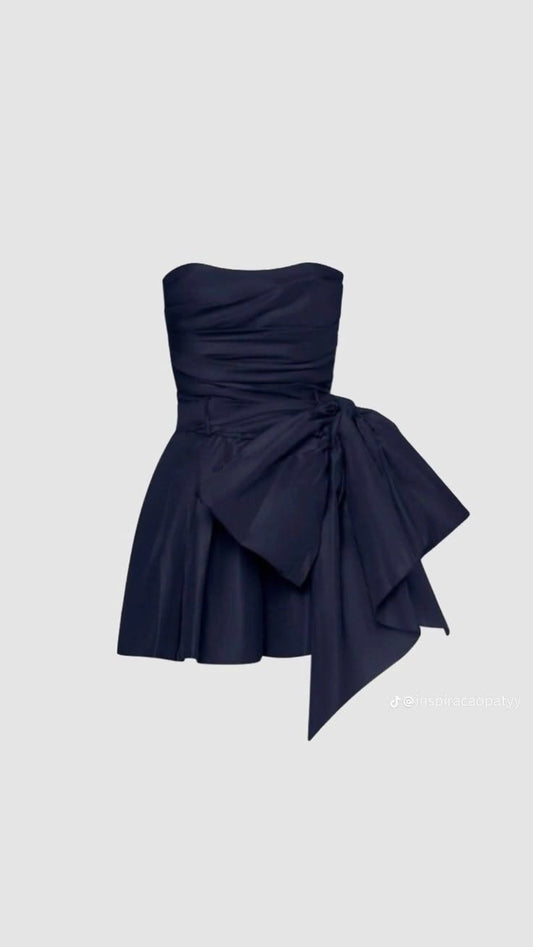 Cute Sheath Strapless Navy Blue Short Satin Homecoming Dresses Cocktail Dress With Bowknot RB8342