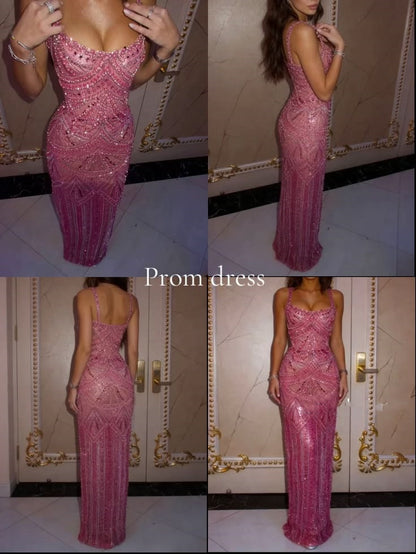 Glitter Square Neck Pink Long Party Dress Prom Dresses Sequin Mermaid Bodycon For Teens Girls Women N4097