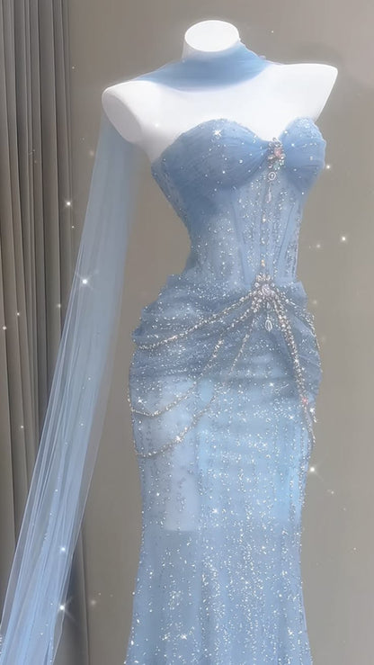 Sweetheart Mermaid Tulle Long Prom Dresses Blue Formal Evening Dress Bodycon For Girls Women N4103