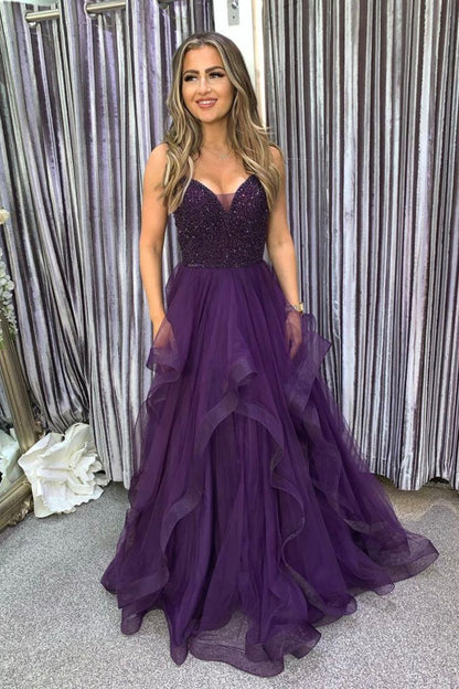 Modest Purple tulle long A line prom dress with beads Formal Party Gown AB460