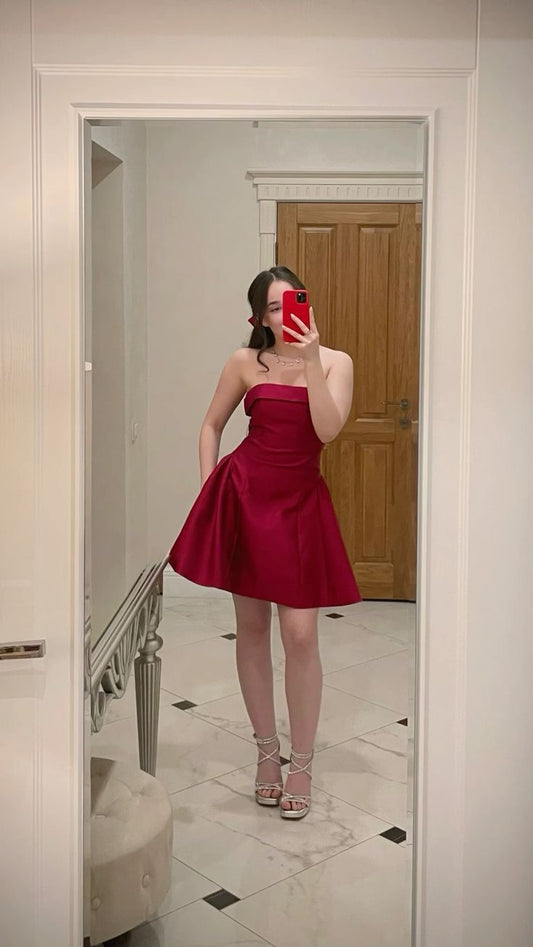 Cute Ball Gown Strapless Burgundy Short High Shool Grad Hoco Outfit Homecoming Dresses RB4641