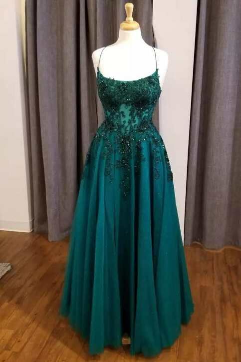 Retro A Line Spaghetti Straps Dark Green Lace Tulle Prom Dress Fashion Aesthetic For Teens Formal Dresses Party Outfits Prom Gown AB1150