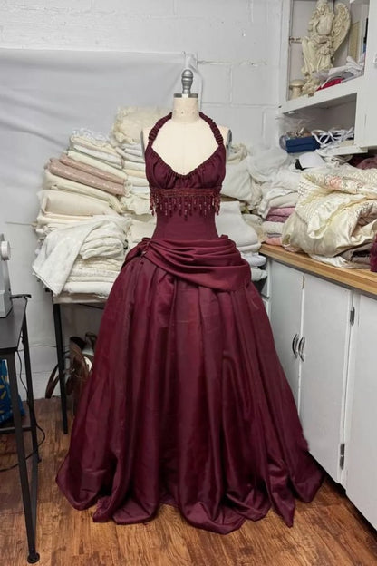 Dreamy Ball Gown Halter Sleeveless Sweep Train Taffeta Burgundy Long Prom Dress Evening Party Formal Outfits RB6690