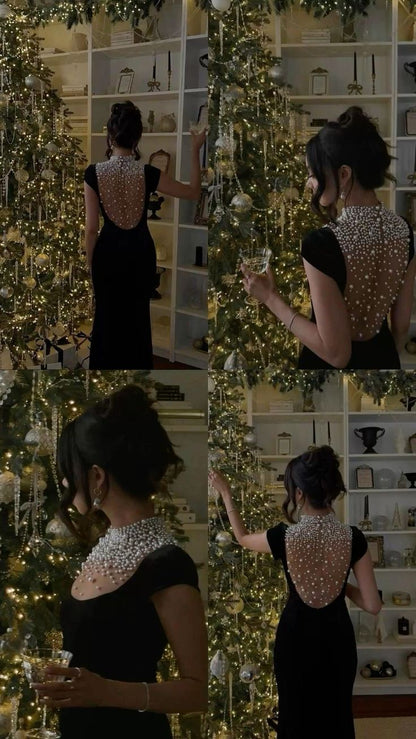 Black Velvet Evening Dress With Pearl Embellishments Party Dress Birthday Prom Dress AB1634
