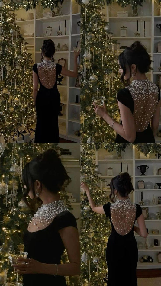 Black Velvet Evening Dress With Pearl Embellishments Party Dress Birthday Prom Dress AB1634