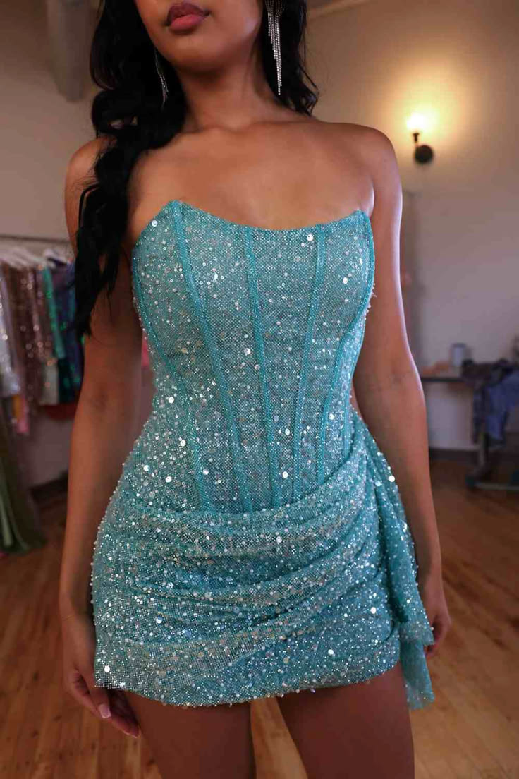 Sparkly Sheath Strapless Sequin Mini with Side Draping Mini Homecoming Gown inspo Short Cocktail Hoco Dresses RB6059