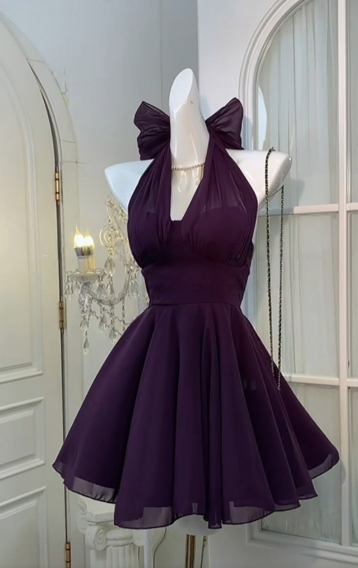 Simple A Line Halter Chiffon Purple Homecoming Dresses Graduation Cocktail Graduation Outfit RB6780