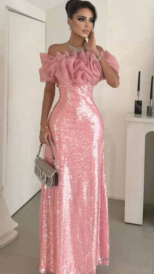 Sexy Off The Shoulder Pink With Sleeves Long Prom Dresses Mermaid For Women N4162