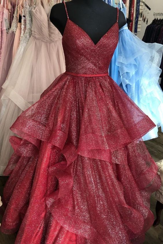Ball Gown Spaghetti Straps Ruffled Long Prom Dress Burgundy Prom Dresses Birthday Gowns AB933