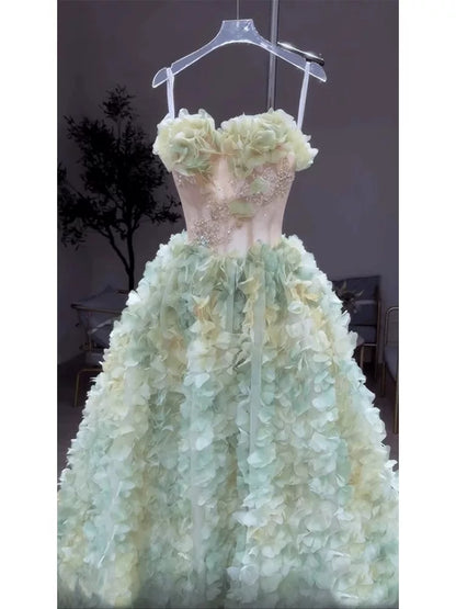 Princess Ball Gown Strapless Green Floral Tulle With Scarf Prom Dress Fashion Aesthetic For Teens Formal Dresses Party Outfits Prom Gown AB2216