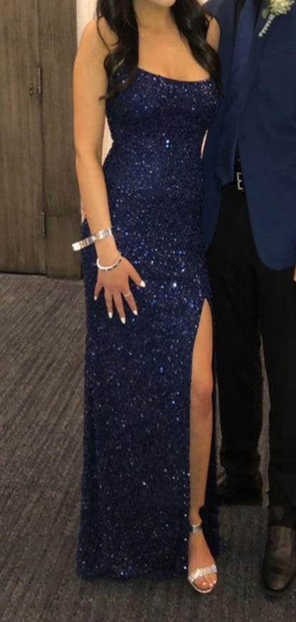 Elegant Mermaid Navy Blue Sequins Spaghetti Straps Long Evening Prom Dresses AB697