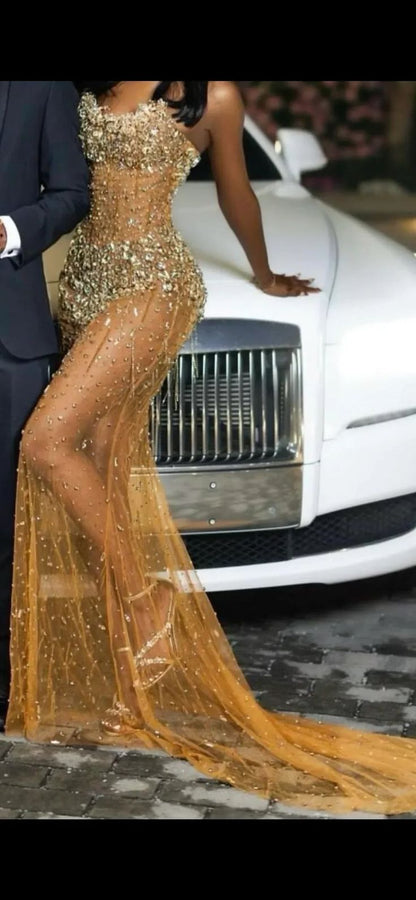 Gold Off Shoulder Sweetheart Silver Gems Floor length Prom Dress N800