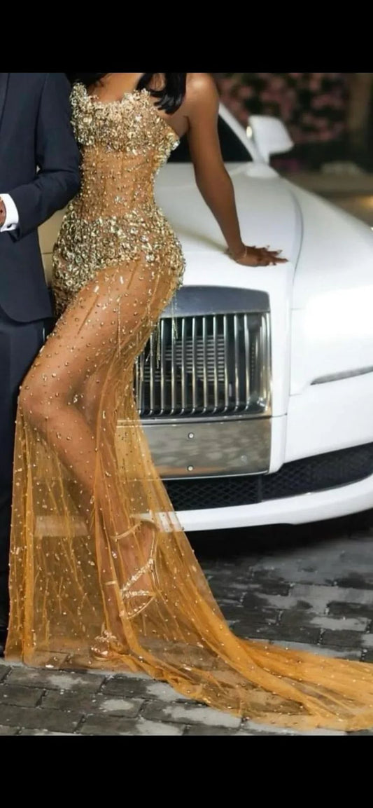 Gold Off Shoulder Sweetheart Silver Gems Floor length Prom Dress N800
