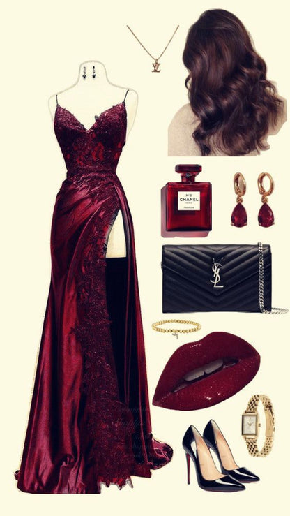 Straps Wine Red V Neck Satin Lace Long Prom Dresses AB1612