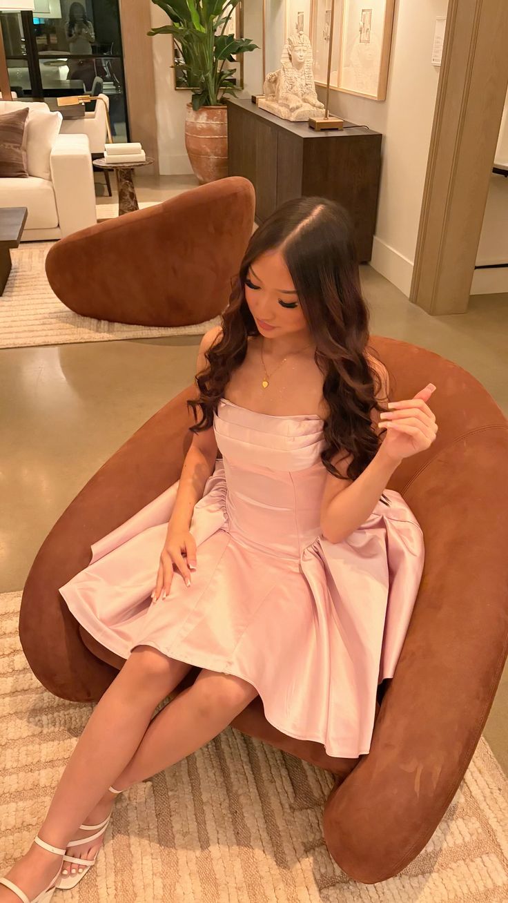 Pretty Ball Gown Strapless Pink Satin For Black Girls Mini Short Inspo Hoco Dress Ideas Homecoming Dresses RB4141