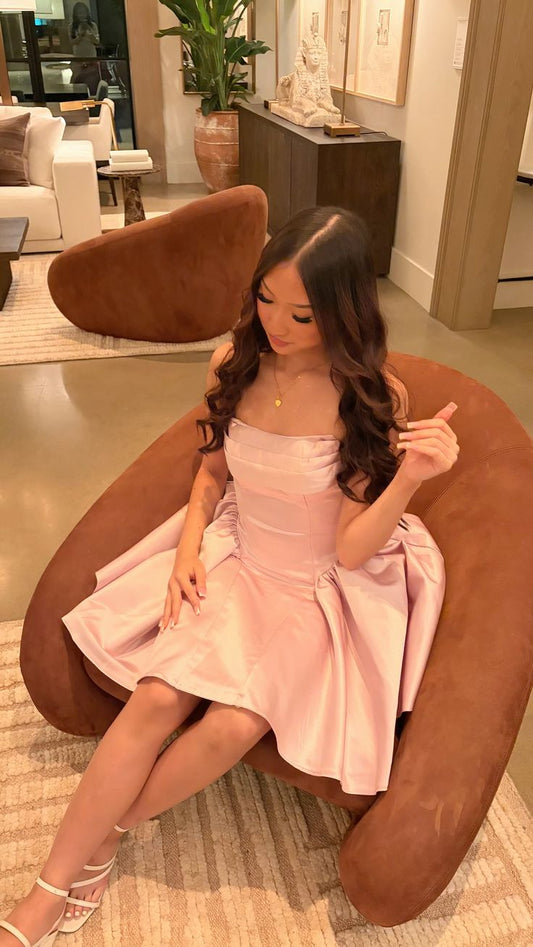 Pretty Ball Gown Strapless Pink Satin For Black Girls Mini Short Inspo Hoco Dress Ideas Homecoming Dresses RB4141
