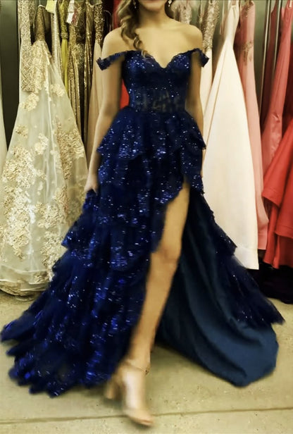 Sparkly Ball Gown Off The Shoulder With Lace Slit For High School Teens Girls Prom Dresses Sequin Long Formal Evening Party Gowns N792