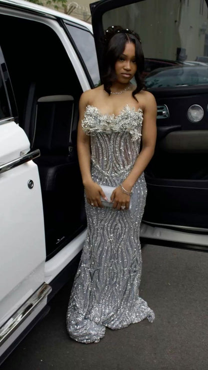 Sparkly Prom Dresses Mermaid Sweetheart Silver Sequin Sparkle Red Carpet Evening Gown For Black Women Girls N4045