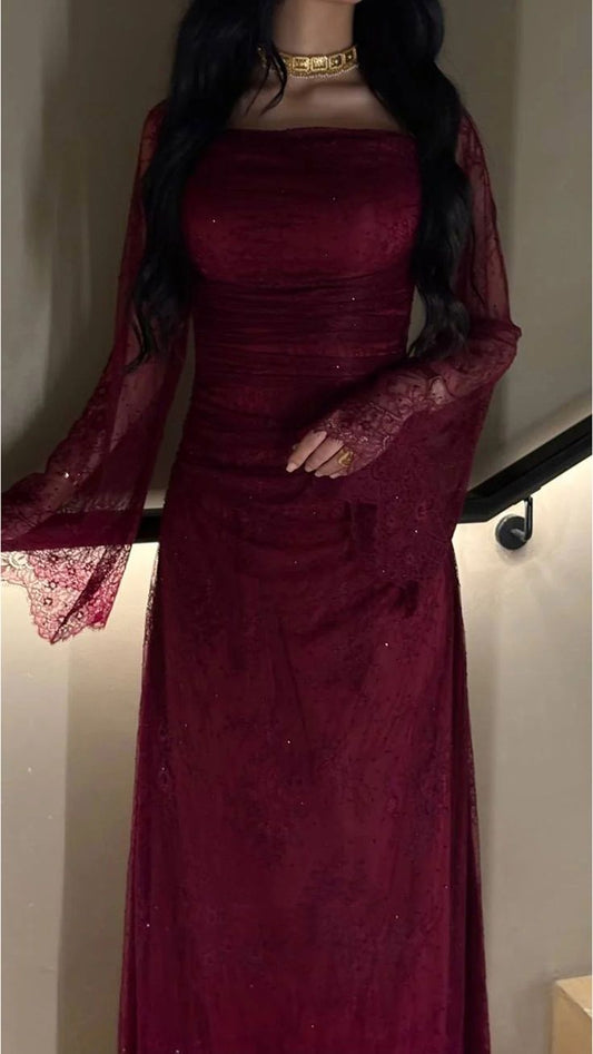 sparkle & shine burgundy allover lace ankle-length pleated sheath evening prom dresses AB1862