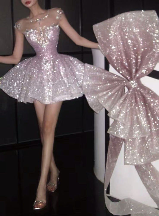 Luxurious Ball Gown Scoop Ombre Pink Sequin With Bow Mini Graduation Hoco Dresses Short Senior Homecoming Outfits RB3660