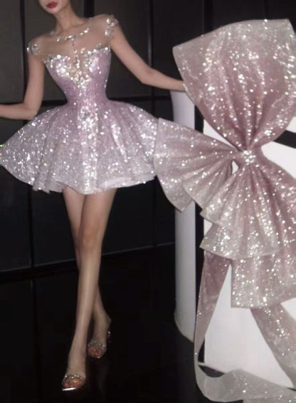 Glitter Ball Gown Scoop Pink With Bow Sequin Hoco Gown Homecoming Dress Mini Party Dresses RB6499