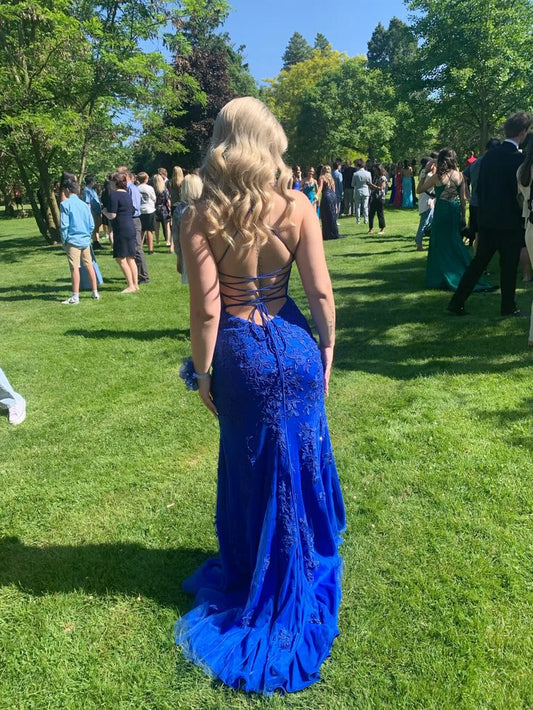 Sparkly Mermaid Strapless Royal Blue Lace Long Formal Gowns Prom Dresses With Appliques Evening Dress AB739