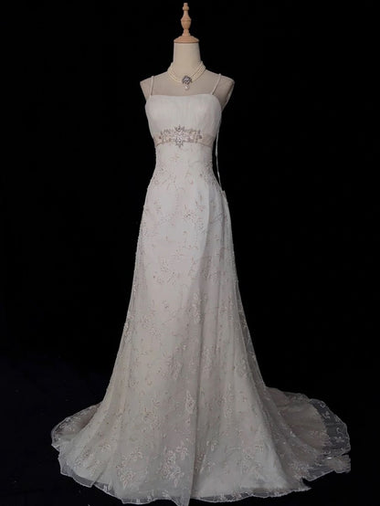 Retro 1950s Wedding Dresses for Bride A line Spagehtti Straps With Silver Beads Lace Petite/Plus Size Bridal Gowns for Spring Summer Wedding AB1478