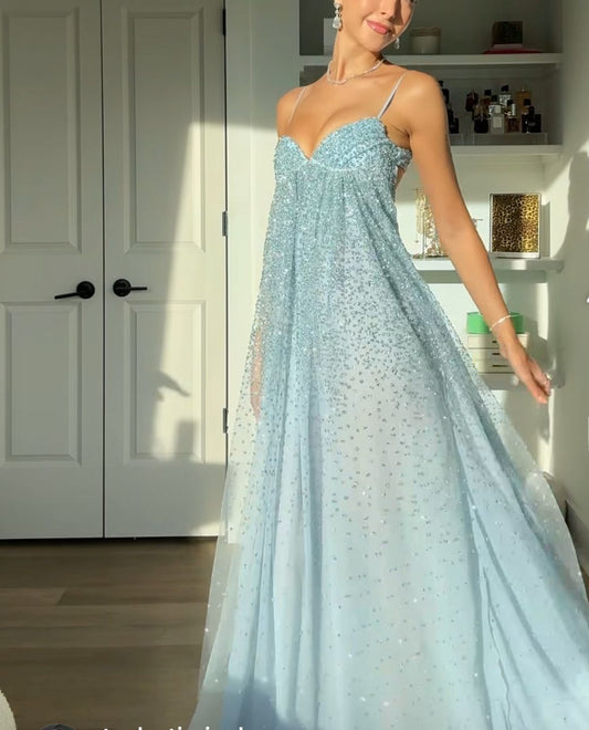 Stunning Prom Dresses A Line Spaghetti Strap Light Sky Blue Sequin Backless Long Formal Dress N2474