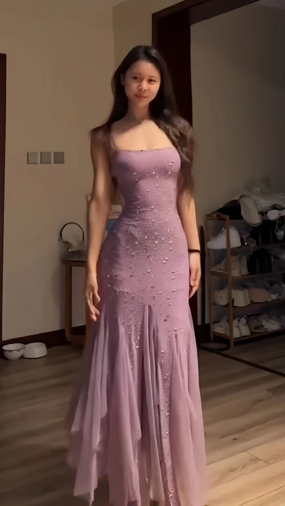 Dusty Rose Sequin Long Prom Dresses Sheath Party Dress AB547