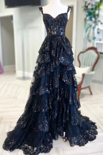 Modest Ball Gown Straps Navy Blue Lace Prom Dresses Long for Women Ruffle Formal Evening Gown AB161