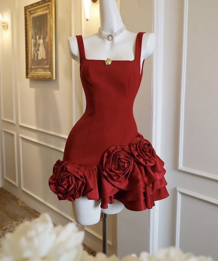 Sexy Sheath Square Neck Red Satin With Flowers Freshman Short Mini Graduation Dresses Inspo Senior Homecoming Outfits RB4727