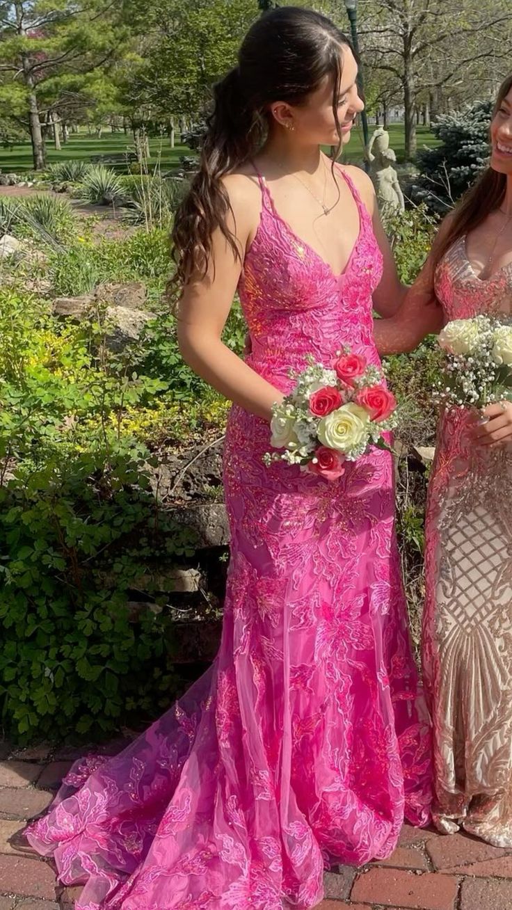 Cute Mermaid Spaghetti Strap Hot Pink Lace Long Prom Dresses Formal Gown Inspo Evening Outfits AB831