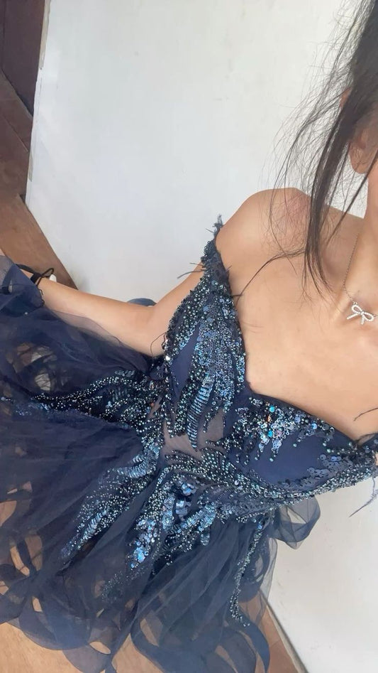Glamorous Ball Gown Sweetheart Navy Blue Tulle Short Homecoming Dresses High Shool Graduation Hoco Outfits RB4658