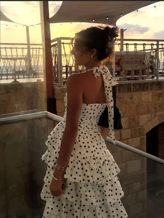 Modest Night Aesthetic Ball Gown Halter Tiered Layers Black Polka Dot College Formal Outfit Long Prom Graduation Dresses For Teens N1136