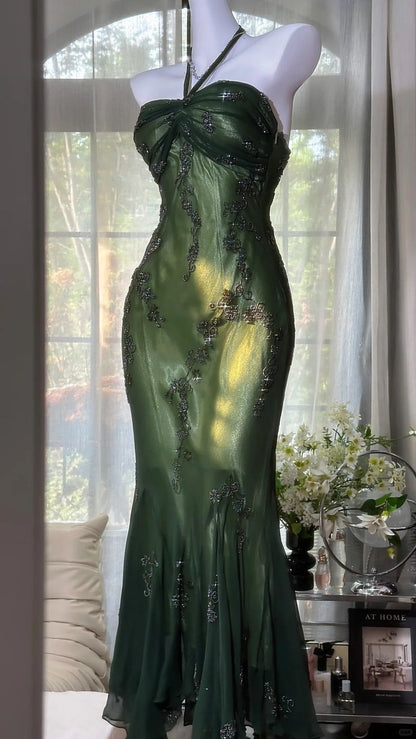 Modest Mermaid Halter Dark Green Chiffon Prom Dresses Party Dress 20th Birthday Outfits Graduation Dress N1616