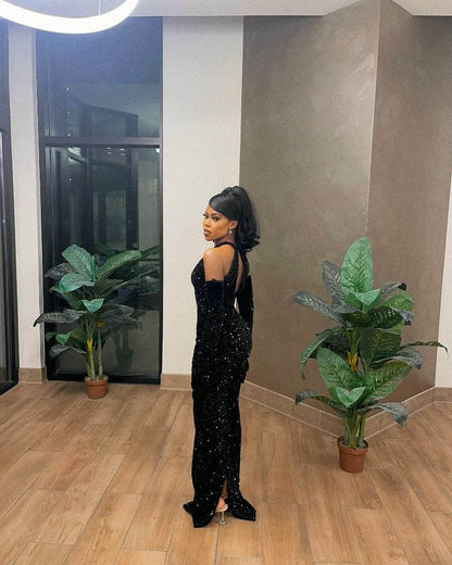 Black Mermaid Long Prom Dress, Fashion Evening For Black People Girls Sequin Long Formal Party Gowns N791