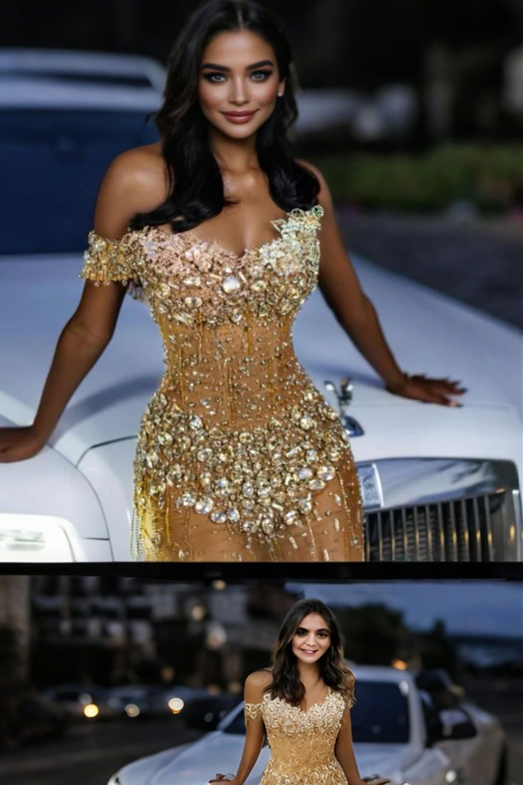 Gold Off Shoulder Sweetheart Silver Gems Floor length Prom Dress N800
