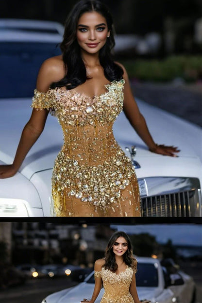 Gold Off Shoulder Sweetheart Silver Gems Floor length Prom Dress N800