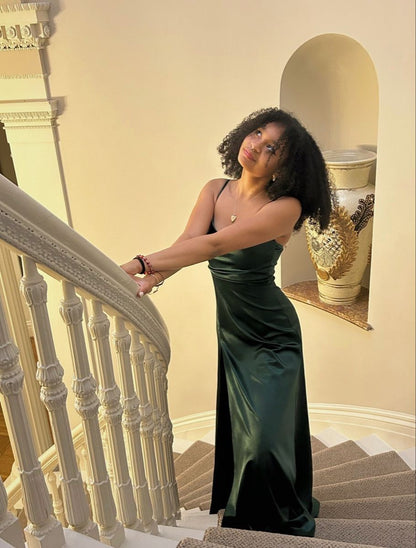 Simple Mermaid Spaghetti Strap Dark Green Satin Slit Prom Dresses For Teens Formal Dress Party Outfits Prom Gowns AB1035