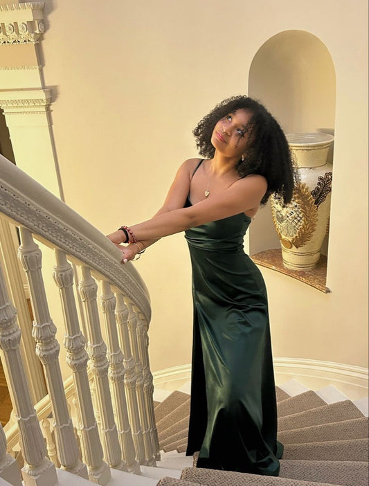 Simple Mermaid Spaghetti Strap Dark Green Satin Slit Prom Dresses For Teens Formal Dress Party Outfits Prom Gowns AB1035