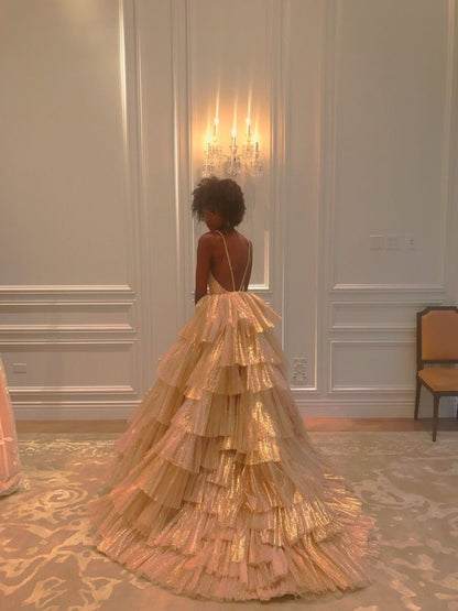 Luxurious Gold Pleated Layered Prom Dress Ball Gown Quinceanera Party Dress N801