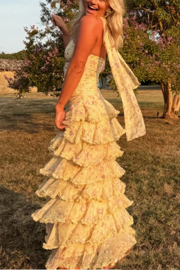Classy Sheath Strapless Yellow Chiffon Floral Long Prom Dresses Party Dress 18th Birthday Outfits Graduation Dress N902