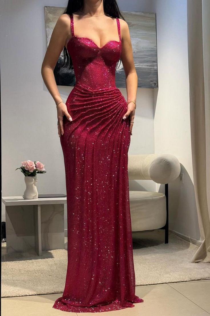 Hot Pink Glitter Bodycon Prom Dresses 2026 with Sweetheart Neck Spaghetti Straps Ruched Side Slit Vestidos Evening Gowns AB494