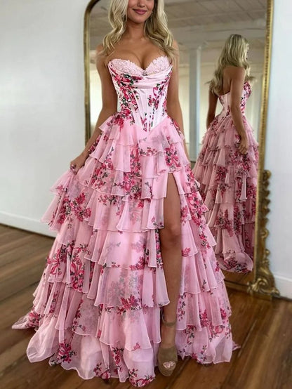 Pink Floral Corset Ball Gown Floral Blush Tiered Chiffon Long Corset Prom Dress with Slit Formal Evening Gowns AB508