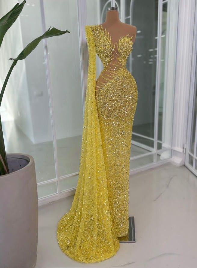 Glitter Mermaid One Shoulder Yellow Sequin Prom Dresses With Beads Gem Evening Party Formal Gown 21st Birthday Outfits AB833
